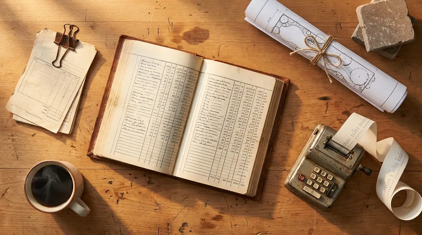 An open leather-bound ledger with hand-ruled columns of numbers on a wooden desk, beside a clipped stack of invoices, a rolled landscape blueprint tied with string, stacked stone paver samples, an old adding machine with curling paper tape, and a cooling mug of coffee