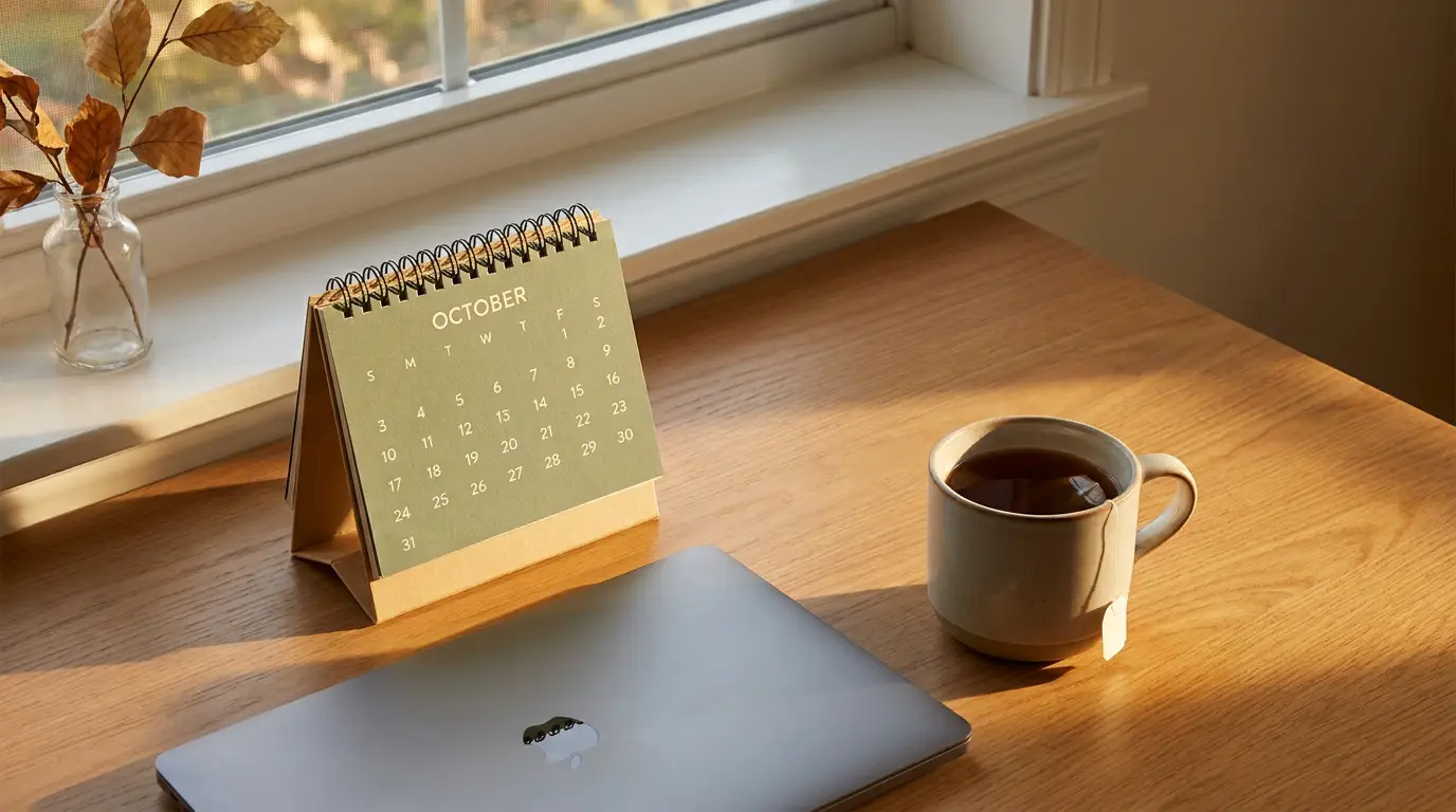 A small desk calendar beside a closed laptop and a mug of tea in warm late-afternoon window light