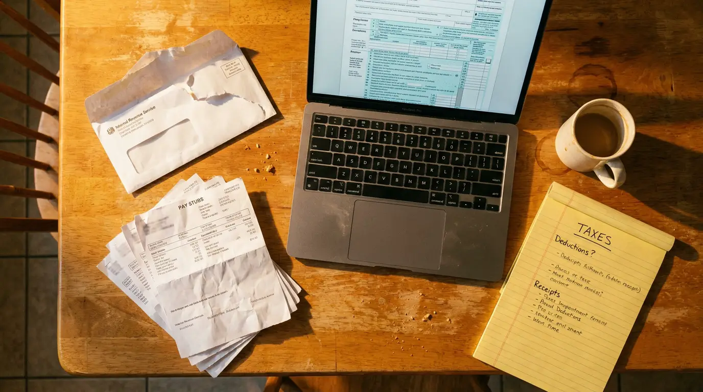A torn-open IRS envelope, a fan of paper pay stubs, and a laptop showing a blank tax form on a kitchen table in morning light