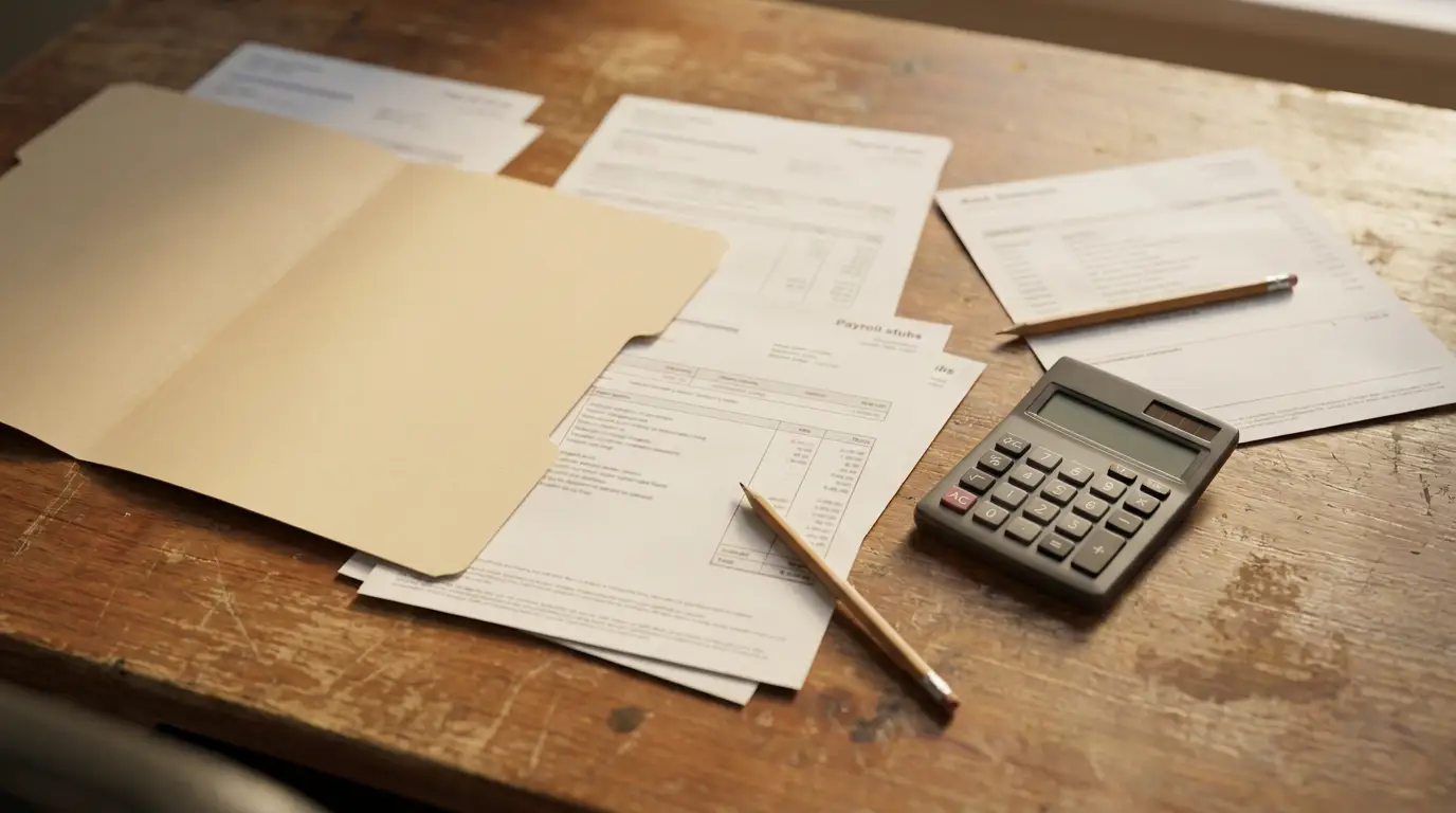 Pay stubs, bank statements and a manila folder spread across a worn wooden desk beside a calculator