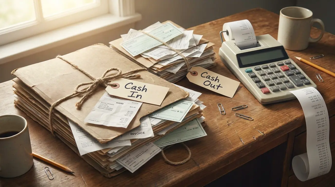 Two handwritten folders labeled Cash In and Cash Out stuffed with receipts and checks, beside an adding machine with a curling paper tape and a cooling mug of coffee