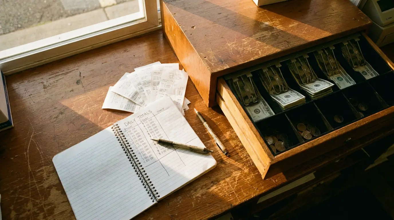 An open cash drawer with neatly stacked bills and coins beside a spiral notebook of hand-ruled daily totals and a fan of paper receipts, on a sunlit wooden counter