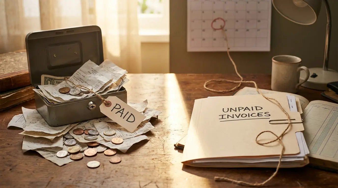 A small cash box tagged Paid full of coins and worn bills beside a folder labeled Unpaid Invoices, with a wall calendar showing one circled day in the background