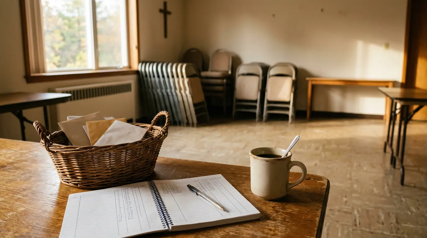 A wicker collection basket of envelopes beside an open spiral notebook with hand-ruled columns and a cooling cup of coffee, in a quiet fellowship hall