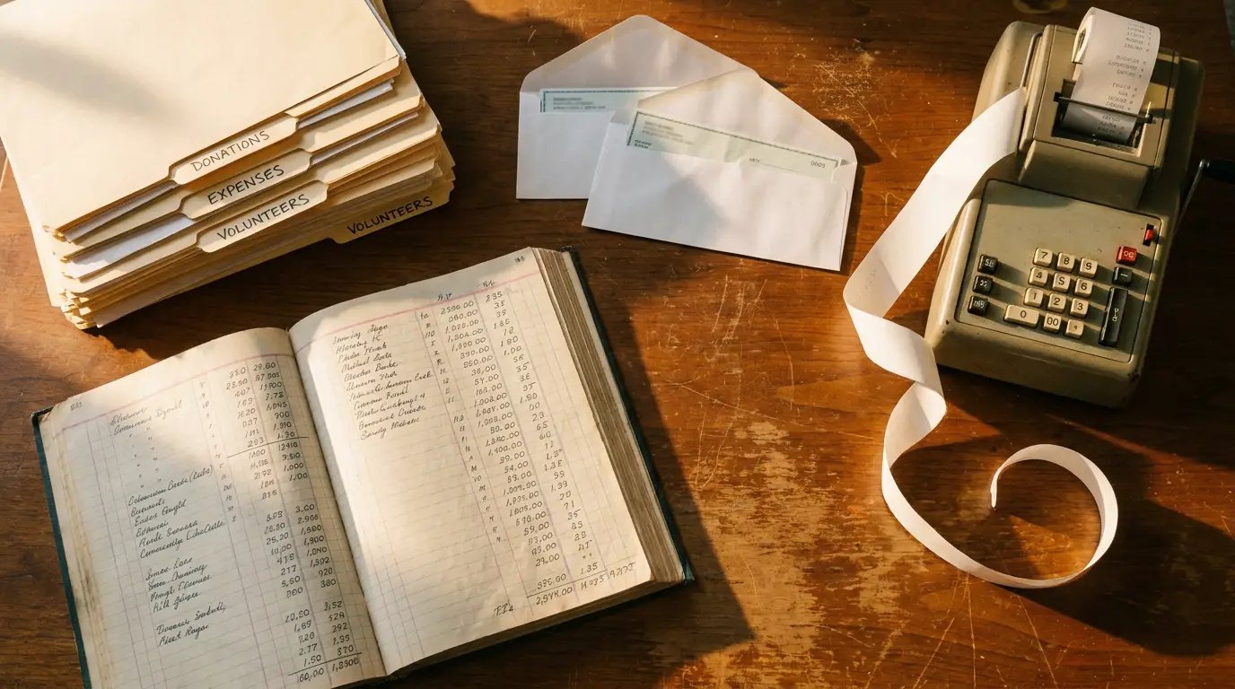 A worn ledger book, folders labeled Donations, Expenses and Volunteers, two open envelopes, and an old adding machine with curling paper tape on a sunlit wooden desk