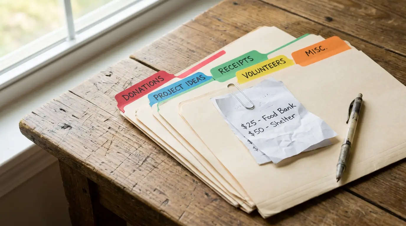 Manila folders labeled Donations, Project Ideas, Receipts, Volunteers and Misc, fanned out on a wooden desk beside a paperclipped note tallying donations by cause