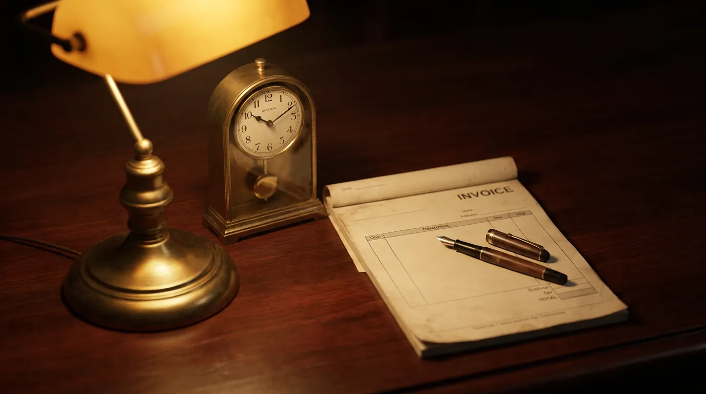 An antique brass desk clock beside a blank paper invoice pad and an uncapped fountain pen, lit by a warm brass banker's lamp