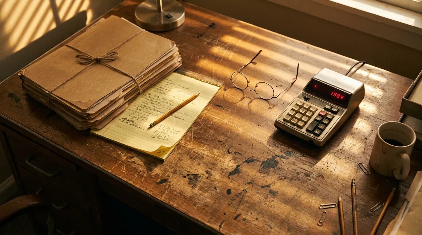 An overhead view of a stack of manila folders tied with string, a yellow legal pad covered in handwritten notes, an antique push-button calculator, and wire-rimmed reading glasses on a worn wooden desk