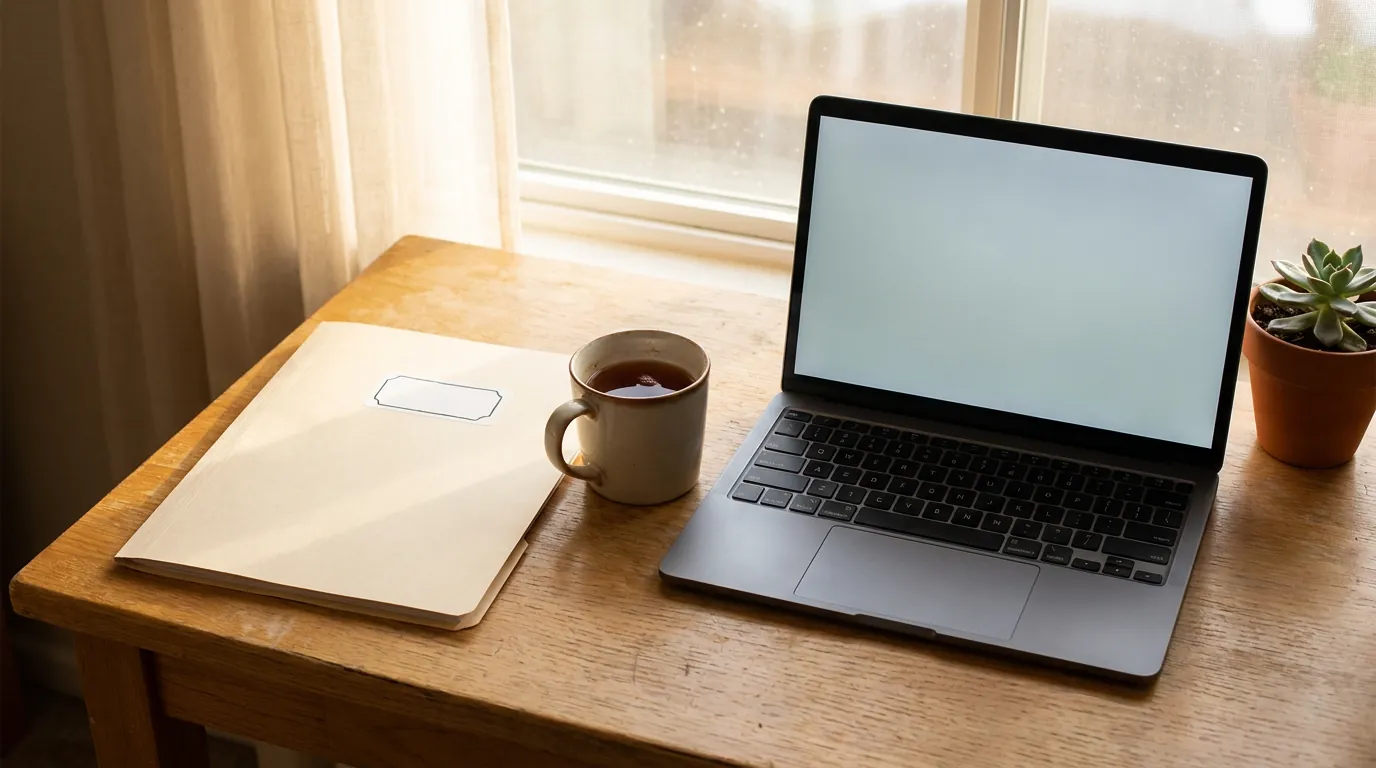 A modest home-office desk with a plain folder, a mug of tea, an open laptop, and a small potted succulent near a sunlit window