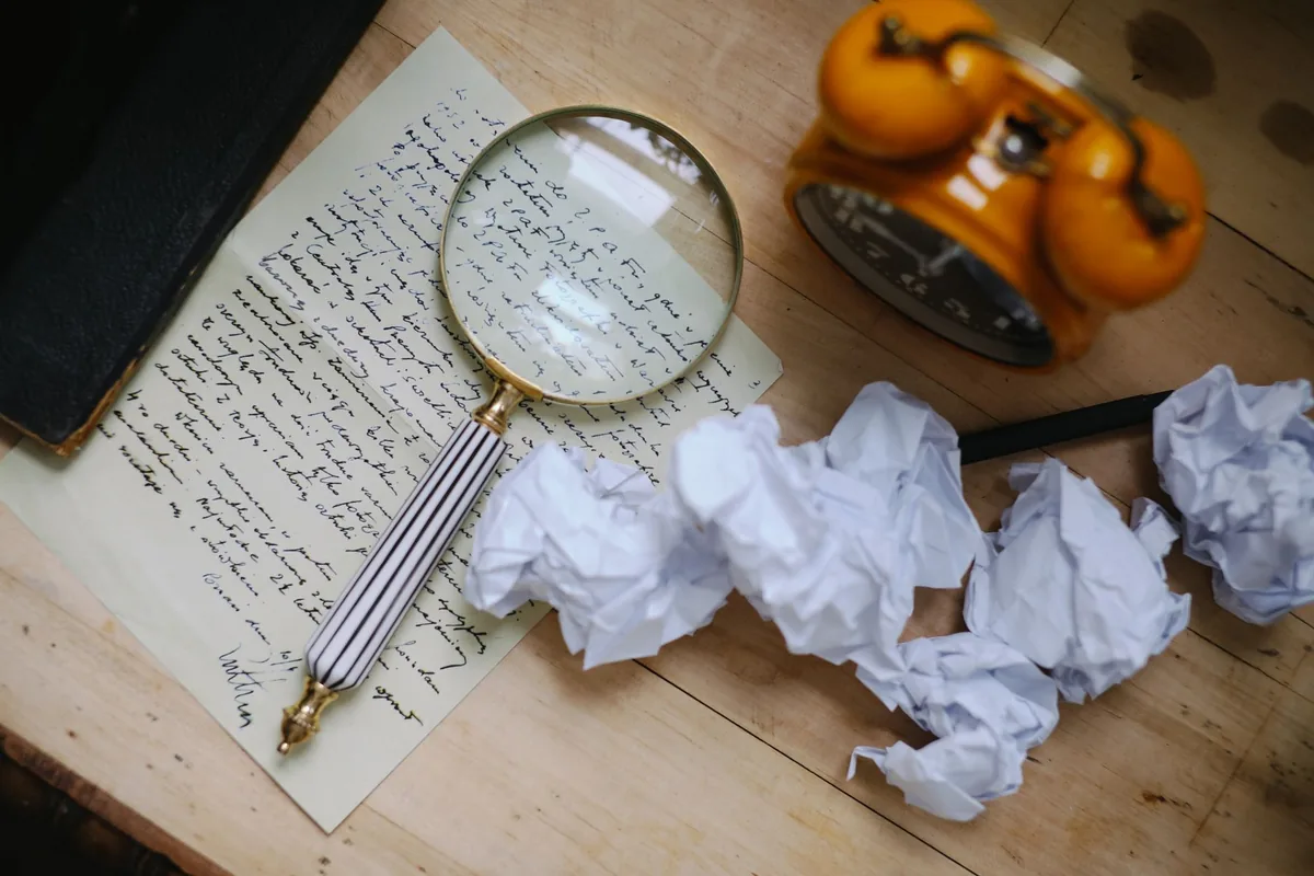 A brass-handled magnifying glass lying on a handwritten letter beside several crumpled sheets of paper and an orange alarm clock on a worn wooden table