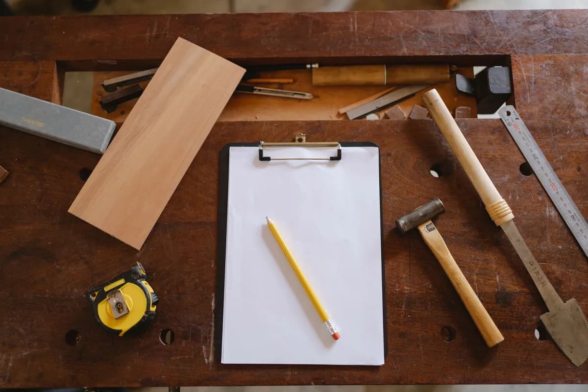 Overhead view of a worn wooden workbench with a blank clipboard and pencil surrounded by a hammer, tape measure, saw and a plank of wood