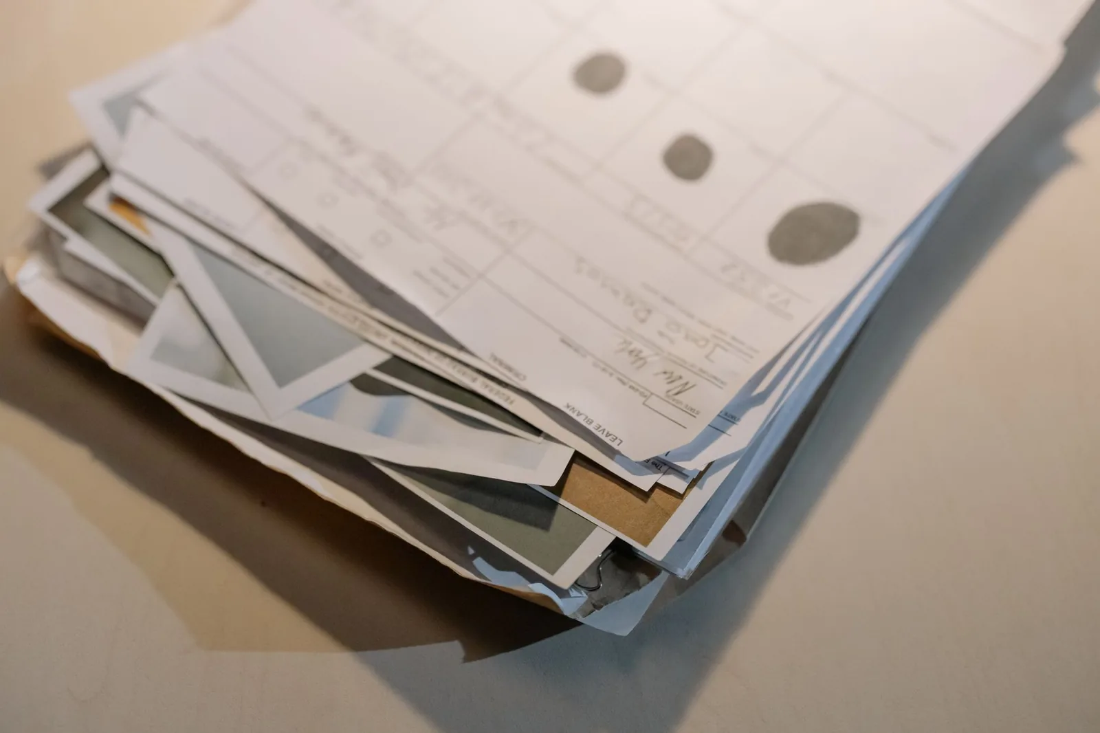 A close-up overhead view of a thick stack of assorted papers and documents fanned out on a desk surface