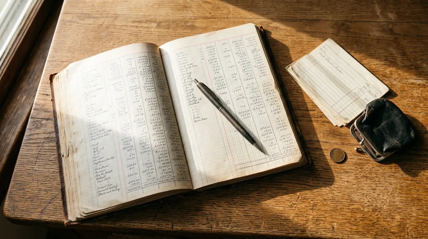 An old bound ledger dense with hand-ruled columns of numbers, open on a sunlit desk beside a slim paper checkbook register, a pen, and a small tipped-over coin purse with a single coin fallen out