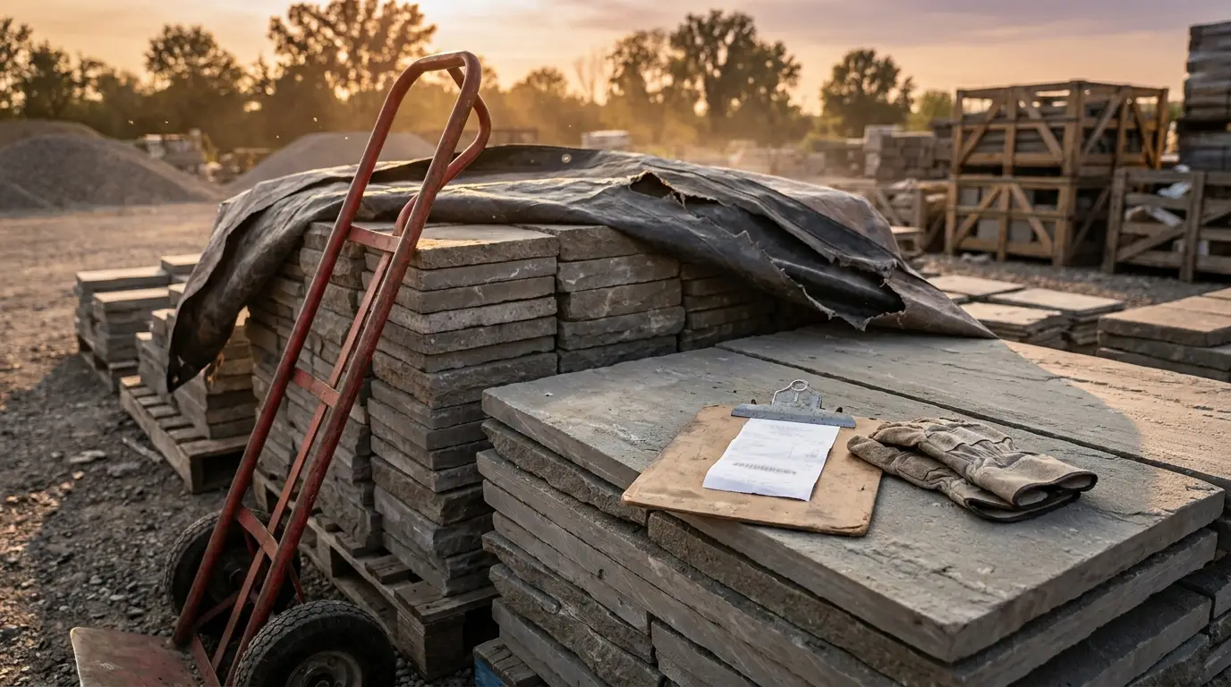Stacks of gray stone pavers under a partially rolled-back tarp at an outdoor supply yard, with a red hand truck, a clipboard holding a plain paper receipt, and folded work gloves resting on top of the stones in golden late-afternoon light
