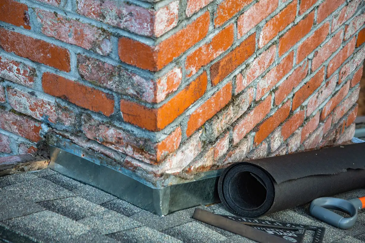 The base of a weathered brick chimney on a shingled roof, with metal flashing, a roll of roofing membrane and tools beside it