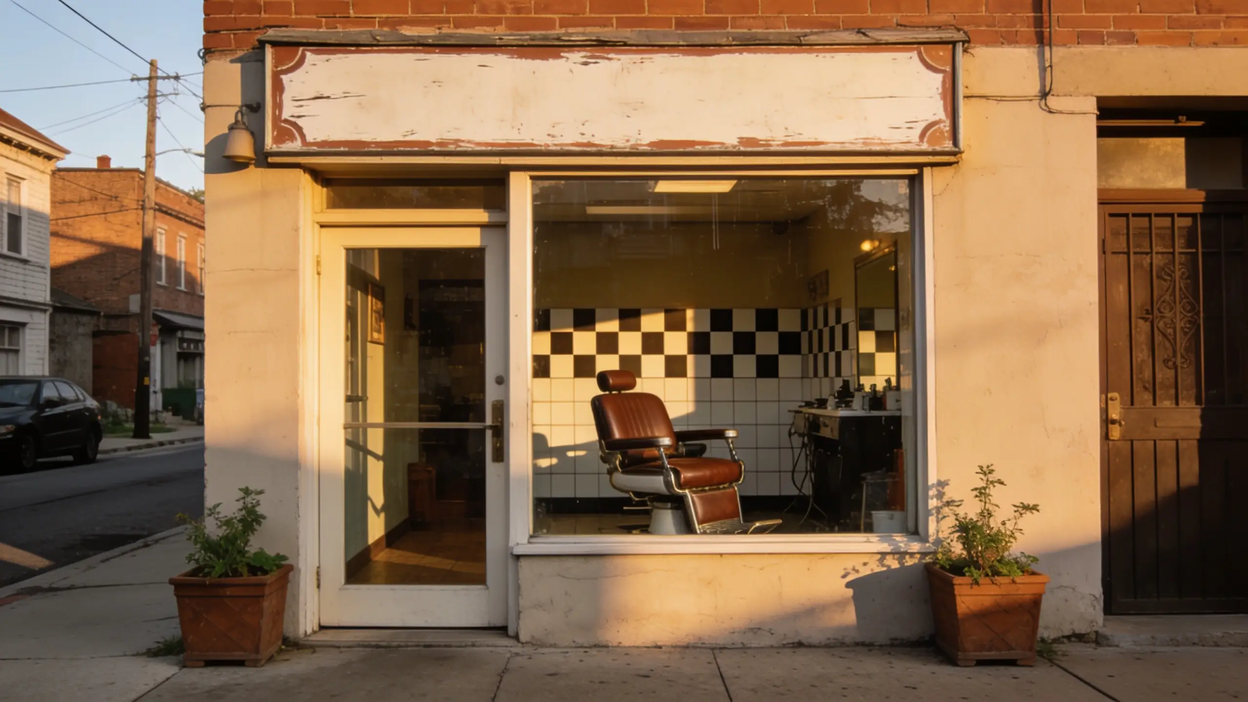 A small independent business storefront on a quiet main street at golden hour