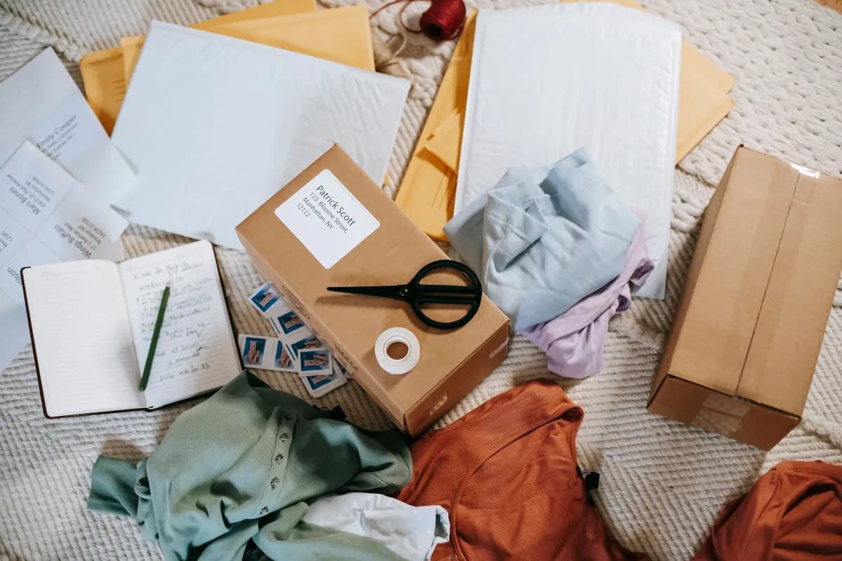 An overhead flat lay of padded mailers, a cardboard box, folded clothing, an open notebook and a pair of scissors on a textured blanket
